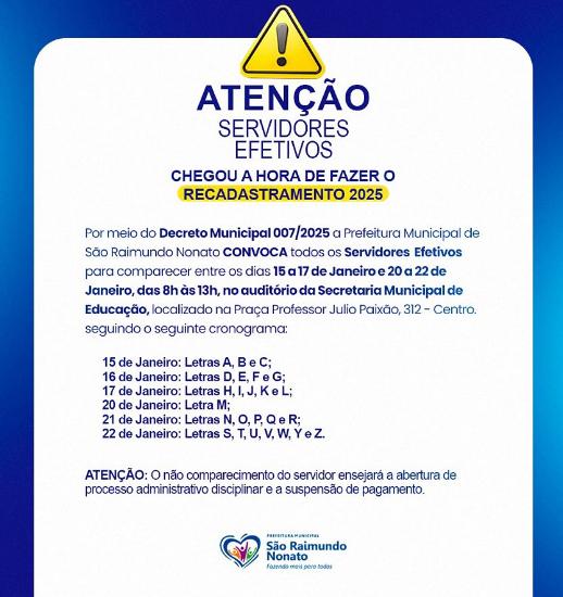 Prefeitura de SRN convoca os servidores públicos municipais efetivos ou estáveis para o recadastramento funcional