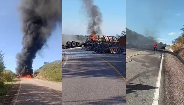 Caminhão carregado de vidro tomba, pega fogo e deixa uma pessoa morta na BR-020, no Piauí