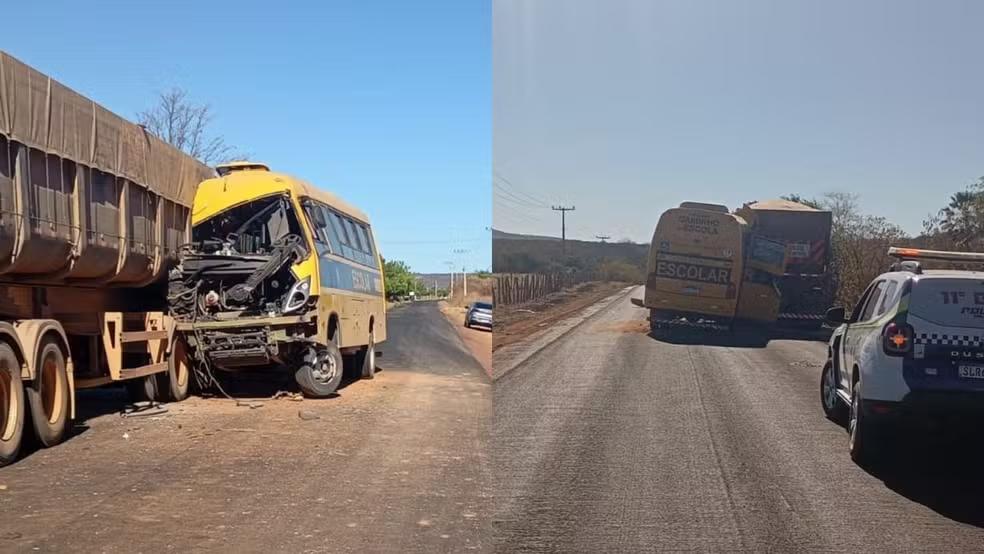 Ônibus escolar bate na traseira de carreta que aguardava conserto nas margens da PI-144
